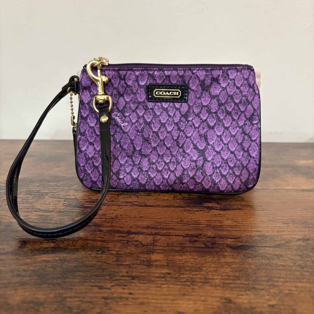 Coach Purple Patterned Wristlet Clutch with Black Strap
